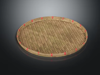 Handmade Woven Tray Round Shape with Red Edge Accents Natural Material Home Living Accessory 3d model