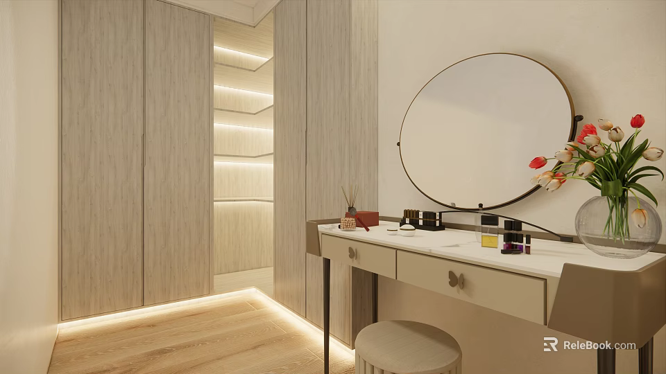 Elegant Dressing Table with Round Mirror White Countertop Wooden Cabinets Drawers and Stool 3d model 