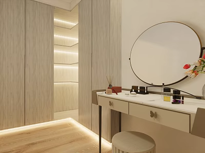Elegant Dressing Table with Round Mirror White Countertop Wooden Cabinets Drawers and Stool 3d model