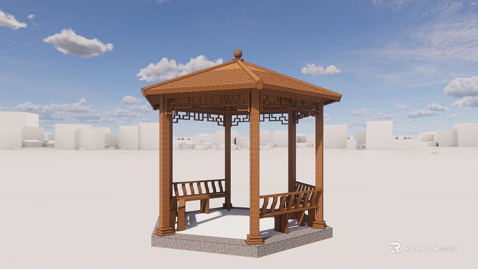 Wooden Pavilion With Hexagonal Roof And Wooden Benches Under Blue Sky White Clouds Background Buildings 3d model 
