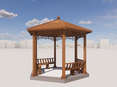Wooden Pavilion With Hexagonal Roof And Wooden Benches Under Blue Sky White Clouds Background Buildings 3d model