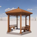 Wooden Pavilion With Hexagonal Roof And Wooden Benches Under Blue Sky White Clouds Background Buildings