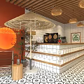 Vibrant Bubble Tea Shop With Orange Green Walls Wooden Ceiling Straw Umbrella And White Tables