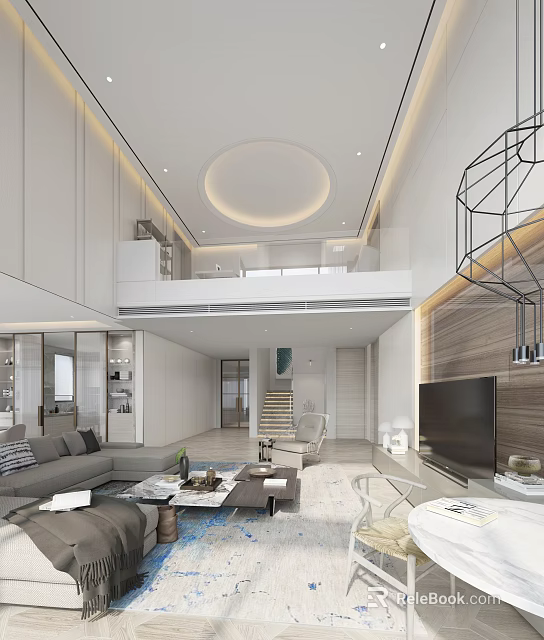 Modern Loft Style Living Room Interior With Circular Ceiling Light Upper Level Sofa And TV 3d model