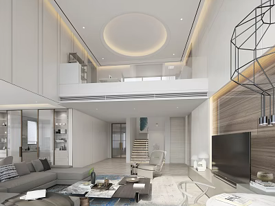 Modern Loft Style Living Room Interior With Circular Ceiling Light Upper Level Sofa And TV 3d model