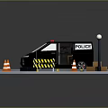 Police Van On Road Scene With Traffic Cones Barricade Street Lamp And Boxes