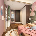 Modern Kids Room Interior With Floral Wallpaper Bed Desk Window Wardrobe And Round Rug