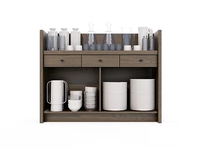 Wooden Sideboard Cabinet With Drawers Open Shelves White Plates And Glass Jars 3d model