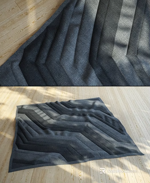 Modern Square Gray Rug with Herringbone Pattern on Wooden Floor and Sunlight Shadows 3d model 