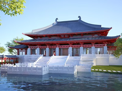 Traditional Chinese Architecture With Red Walls Black Tiles Flying Eaves And Waterfront Stone Steps 3d model