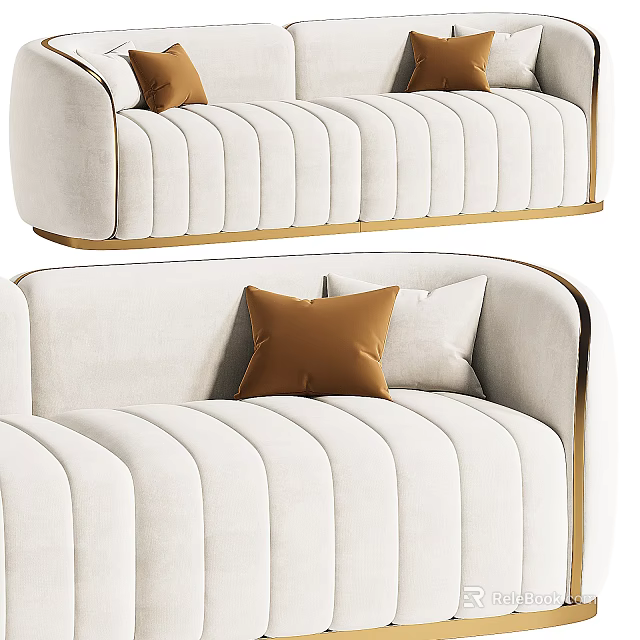 Modern Multi-seater Sofa Upholstered In Light Fabric With Golden Trim And Decorative Pillows 3d model 