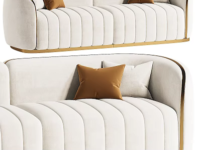 Modern Multi-seater Sofa Upholstered In Light Fabric With Golden Trim And Decorative Pillows 3d model