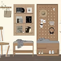 Natural Wooden Bench With Storage Space And Pegboard Wall Decor Items Near Potted Plant