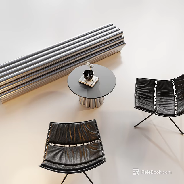 Modern Negotiation Table And Leather Chairs With Round Coffee Cup On Tray And Metal Strips 3d model 