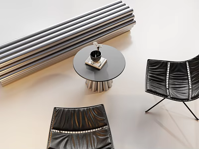 Modern Negotiation Table And Leather Chairs With Round Coffee Cup On Tray And Metal Strips 3d model