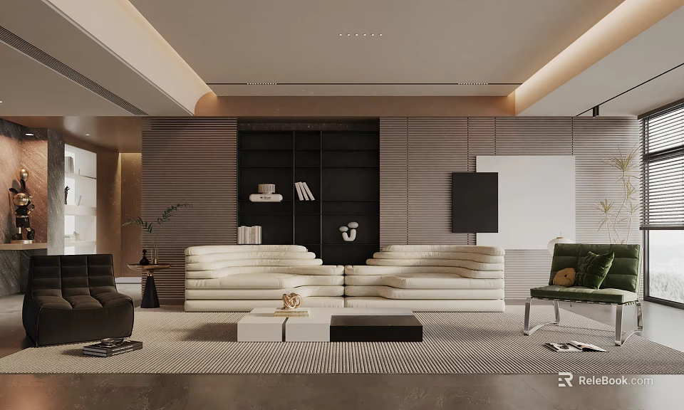 Modern Living Room Interior With Beige Sofa Black Wall White Bookshelf Green Armchair And Rug 3d model 