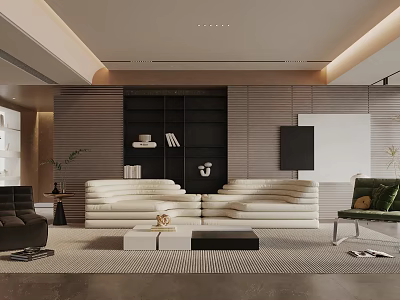 Modern Living Room Interior With Beige Sofa Black Wall White Bookshelf Green Armchair And Rug 3d model