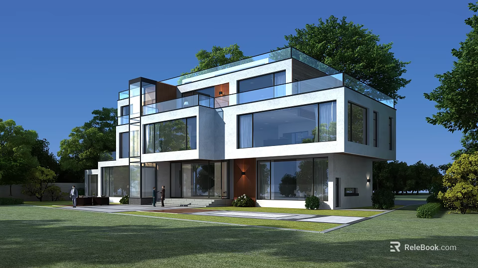 Modern Detached Villa Exterior Design With Large Glass Windows And Lush Greenery 3d model 