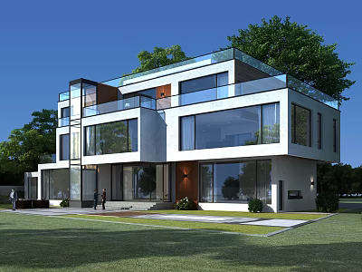 Modern Detached Villa Exterior Design With Large Glass Windows And Lush Greenery 3d model