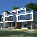 Modern Detached Villa Exterior Design With Large Glass Windows And Lush Greenery