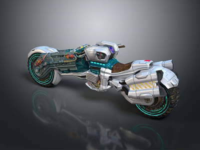 Futuristic Sci Fi Motorcycle With Silver Blue Body Green Rim Lights And Brown Seat 3d model
