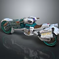 Futuristic Sci Fi Motorcycle With Silver Blue Body Green Rim Lights And Brown Seat