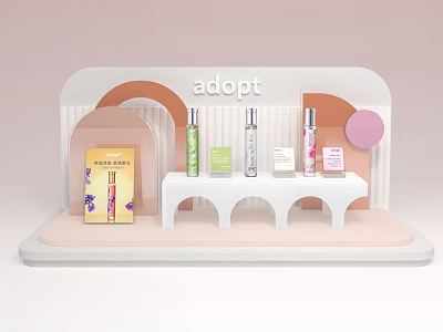 Chic Perfume And Cosmetics On Modern Display Stand With Soft Pink Orange Decor 3d model