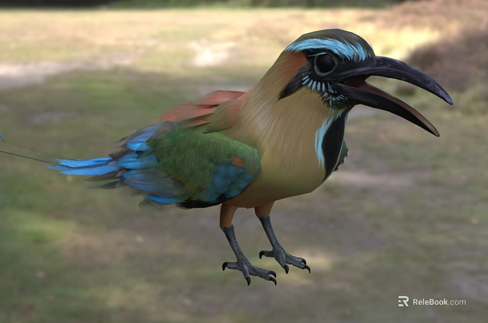 Colorful Bird With Vibrant Green Blue Plumage And Open Large Beak In Natural Grassland Setting 3d model 