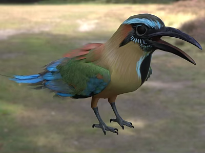 Colorful Bird With Vibrant Green Blue Plumage And Open Large Beak In Natural Grassland Setting 3d model