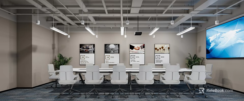 Modern Office Interior With White Chairs Long Table Wall Posters Hanging Lights And Green Plants 3d model 