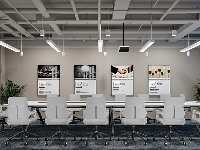 Modern Office Interior With White Chairs Long Table Wall Posters Hanging Lights And Green Plants 3d model