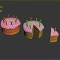 Whole And Sliced Birthday Cake With Pink Frosting Colorful Sprinkles And Lit Candles