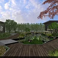 Garden Landscape with Wooden Deck Small Pond Green Plants Red Leaved Tree and Stone Decorations