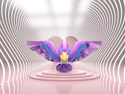Game Movie Character With Purple Blue Wings And Yellow Beak On Pink Platform 3d model