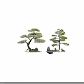 Two Pine Trees With Curved Trunks Rocks Moss And Small Stones 3d model