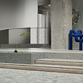 Modern Public Office Space Featuring Blue Chairs Red Shelves And Black Round Table