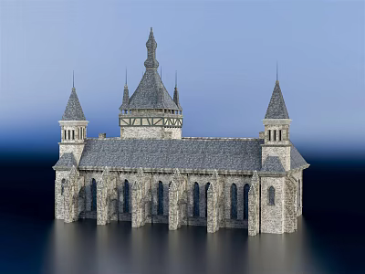 Ancient Medieval Stone Building With Gray Roof Arched Windows Towers And Spires 3d model