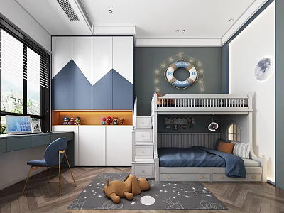 Kids Room Interior With Bunk Bed Blue White Cabinets Ship Wheel Rug Teddy Bear 3d model