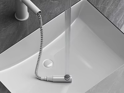 Modern Pull Out Hose Faucet With Water Flow In White Sink And Gray Background 3d model