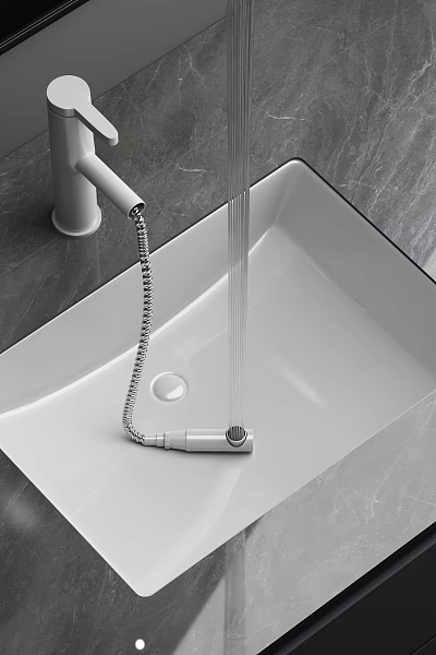 Modern Pull Out Hose Faucet With Water Flow In White Sink And Gray Background 3d model