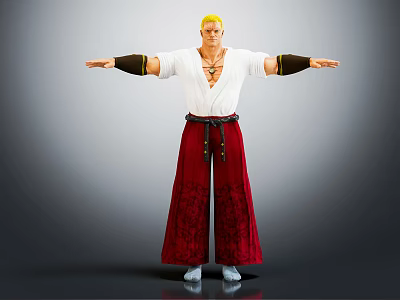 Blonde Male Character In White Top Red Pants Black Belt Stretching Arms Against Grey Background 3d model