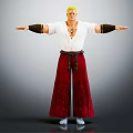 Blonde Male Character In White Top Red Pants Black Belt Stretching Arms Against Grey Background 3d model