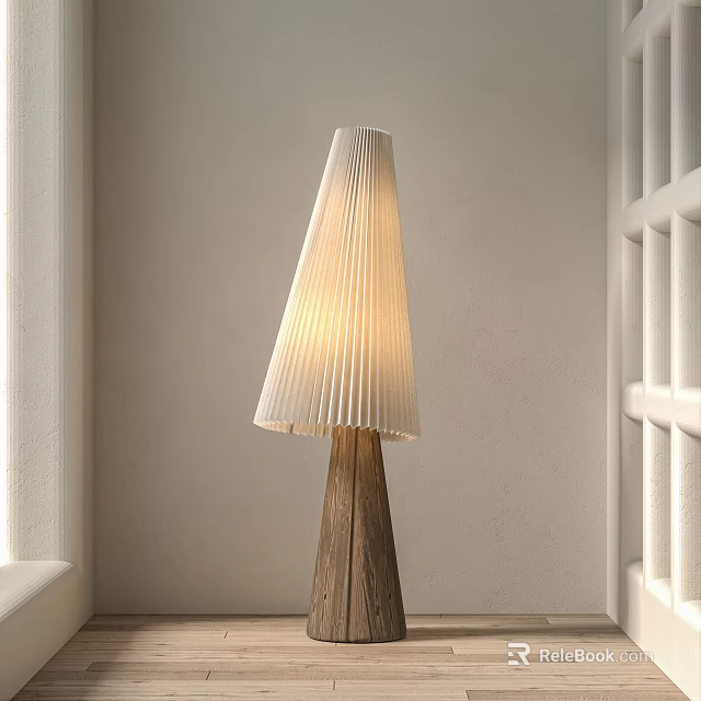 Modern Minimalist Floor Lamp With Wooden Base And White Pleated Lampshade 3d model 