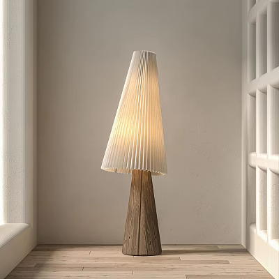 Modern Minimalist Floor Lamp With Wooden Base And White Pleated Lampshade 3d model