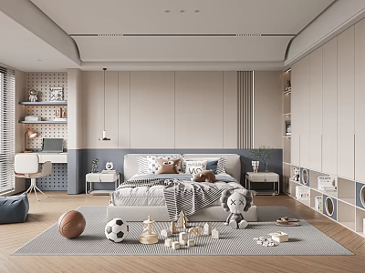 Modern Kids Room Interior Design With Bed Desk Toys And Storage Cabinets 3d model