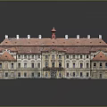 Historic Building Scenery with Red Roofs White Walls Symmetrical Architecture and Tower Reflection