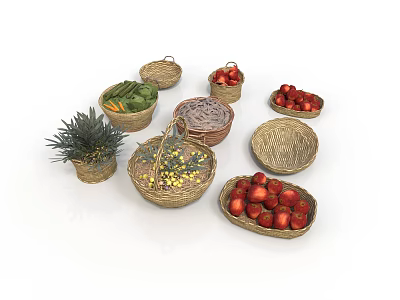Colorful Fresh Assorted Fruits and Vegetables in Woven Baskets on White Surface 3d model