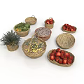 Colorful Fresh Assorted Fruits and Vegetables in Woven Baskets on White Surface