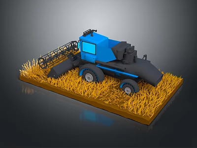 Realistic Blue Combine Harvester Model On Yellow Grass Field With Black Components 3d model
