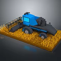 Realistic Blue Combine Harvester Model On Yellow Grass Field With Black Components